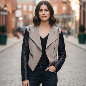 254. XOXO Women’s Leather Jacket | Tan & Black Colorblock | Zip Front